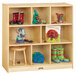 A Jonti-Craft wooden storage cabinet with toys on the shelves.