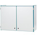A white rectangular cabinet with teal doors and a blue trim.