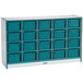 A teal and white Rainbow Accents mobile storage cabinet with cubbies.