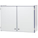 A white rectangular cabinet with blue trim and two doors.