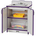 A purple and white Rainbow Accents play kitchen sink with plastic bins.