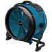 An XPOWER blue and black 16" axial fan with a black handle.