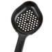 A black plastic Vollrath Spoodle with holes in the spoon bowl.