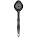 A black plastic Vollrath Spoodle with a perforated oval bowl and handle.