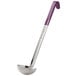 A silver Vollrath ladle with a purple Kool-Touch handle.