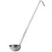 A stainless steel Vollrath ladle with a curved handle and silver bowl.