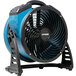 An XPOWER blue and black DC powered air circulator fan on a stand.