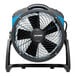 A black and blue XPOWER FC-250AD utility fan on a stand.