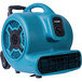 A blue XPOWER air blower with black handles and wheels.