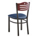 A Lancaster Table & Seating black bistro chair with mahogany wood and navy vinyl seat.