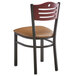 A Lancaster Table & Seating metal bistro chair with a brown seat and mahogany wood back.