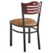 A Lancaster Table & Seating metal bistro chair with a brown vinyl seat and mahogany wood back.