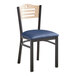 A Lancaster Table & Seating black bistro chair with a navy seat and natural wood back.