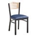A Lancaster Table & Seating black bistro chair with navy seat and natural wood back.
