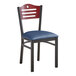 A Lancaster Table & Seating black bistro chair with a navy vinyl seat and mahogany wood back.