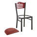 A Lancaster Table & Seating black metal bistro chair with a burgundy vinyl seat and mahogany wood back.