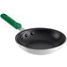 A Choice aluminum non-stick frying pan with a green silicone handle.
