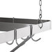 A Regency stainless steel ceiling-mounted pot rack with double prong hooks.