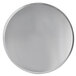 A round silver aluminum pizza pan with a silver rim.