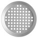 A circular white metal pizza pan with perforations.