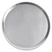 A close-up of a round silver tray with a white background.