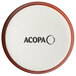 A white and brown circular Acopa stoneware ramekin with black text.