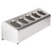 A stainless steel Steril-Sil countertop flatware organizer with 5 cylinders with holes.
