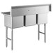A Regency stainless steel three compartment commercial sink with stainless steel legs and cross bracing.
