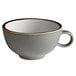 A granite gray stoneware cup with a brown rim.