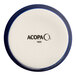 A small round blue and white porcelain ramekin with the brand name 'Acopa' on the bottom.