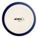 A round, blue-rimmed stoneware ramekin with the brand name 'Acopa' printed on the bottom.