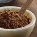 A bowl of brown powder with a wooden spoon in it.