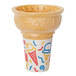 A white paper jacketed cake cup with a lid filled with ice cream.