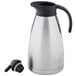 A Tablecraft stainless steel coffee carafe with a black lid.