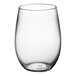 A Visions clear plastic stemless wine glass with a round bottom on a white background.