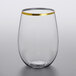 A clear Visions plastic stemless wine glass with a gold rim.