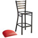 A Lancaster Table & Seating distressed copper ladder back bar stool with red vinyl padded seat.