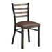 A Lancaster Table & Seating metal ladder back restaurant chair with a dark brown cushioned seat.