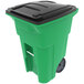 A lime green Toter rollout trash can with a black lid.