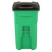 A lime green Toter rollout trash can with a black lid.