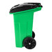 A lime green Toter trash can with wheels and a black lid.