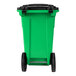 A lime green Toter trash can with black wheels.