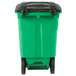A lime green Toter rectangular rollout trash can with black wheels and lid.