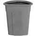 A grey plastic Toter half round trash can.
