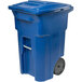 A blue Toter rectangular trash can with wheels and a lid.