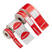 A group of TamperSafe red paper labels with white text on a roll.