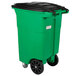 A lime green Toter rectangular trash can with black wheels and lid.