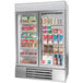 A Beverage-Air stainless steel two section dual temperature merchandiser with glass doors.