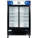 An Avantco black glass door refrigerator with customizable panels.
