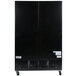 A black rectangular Avantco merchandising refrigerator with wheels.